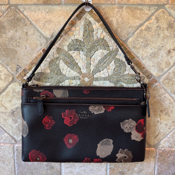 Coach Black Wristlet with Red Tan Floral Design w/Pop Up Pouch Saffiano Leather - Picture 1 of 10
